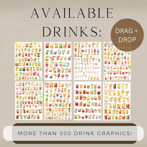 May include: Over 300 watercolor illustrations of colorful cocktails and drinks.  The images are arranged in a grid format and can be dragged and dropped.  Available Drinks: Drag + Drop.