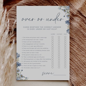 May include: A printable bridal shower game with a blue floral design. The game is called "Over or Under" and asks guests to guess whether the answer to 15 questions is over, under, or just right. The questions are about the bride and groom's wedding plans.