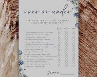 Over Or Under Dusty Blue Floral Game, Editable Template, Printable Bridal Shower Game, Instant Download, Edit In Canva