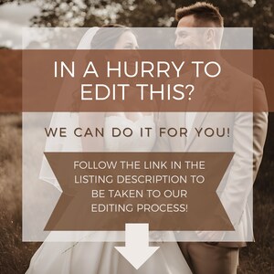K&ouml;nnte beinhalten: Ein Paar in Hochzeitskleidung steht auf einem Feld mit braunem Hintergrund. Der Text auf dem Bild lautet: "Eile, das zu bearbeiten? Wir k&ouml;nnen das f&uuml;r Sie tun! Folgen Sie dem Link in der Artikelbeschreibung, um zu unserem Bearbeitungsprozess zu gelangen!"