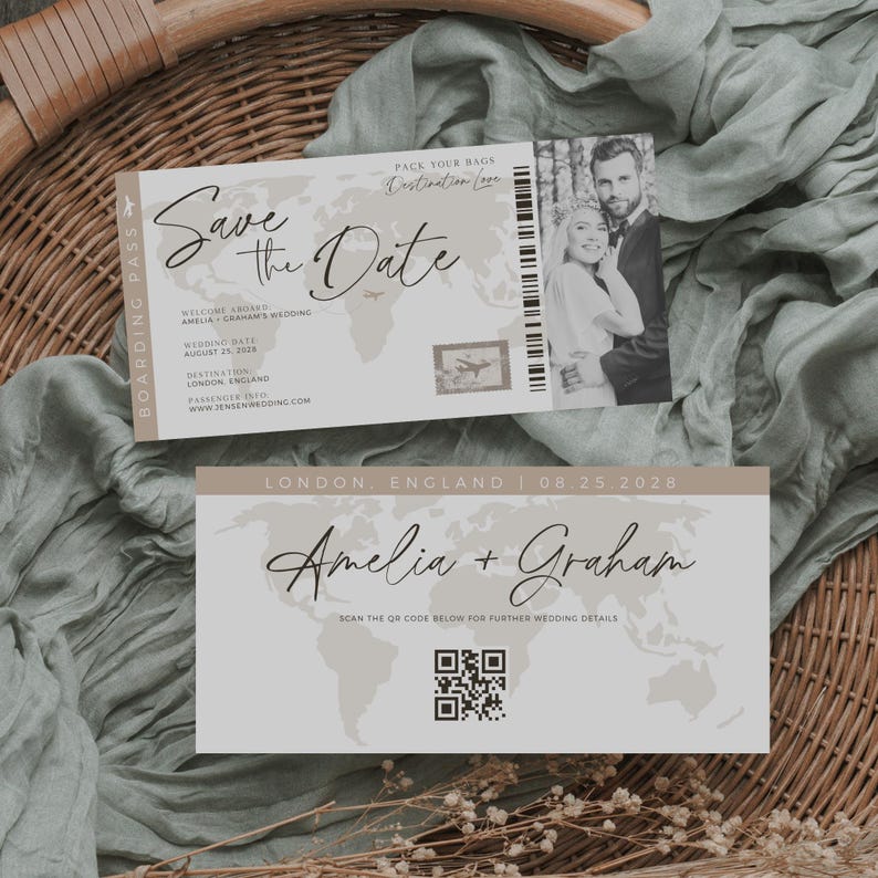 May include: Save the date card with a world map background and a photo of a couple. The card is designed to look like a boarding pass and includes the text "Pack your bags, Destination Love". The card also includes the wedding date, location, and a QR code.