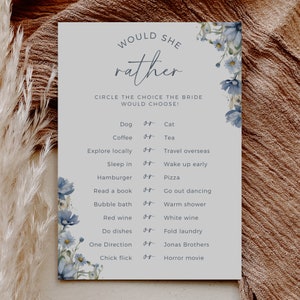 Dusty Blue Floral Would She Rather, Printable Bridal Shower Game, Fully Editable Template, This Or That, Instant Download, Edit In Canva