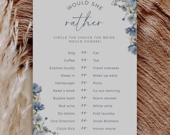 Dusty Blue Floral Would She Rather, Printable Bridal Shower Game, Fully Editable Template, This Or That, Instant Download, Edit In Canva