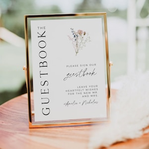 Wildflower Wedding Guest Book Sign, Minimalist Guestbook Table Sign, Rustic Floral Wedding Decor, Editable Canva Template, Printable Signage