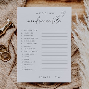 Pode incluir: Um jogo de palavras cruzadas de casamento imprimível com 16 palavras para decifrar. O jogo é projetado para ser jogado em uma recepção de casamento.