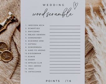 Minimalist Bridal Shower Word Scramble, Wedding Table Games, Fun Unique Game Template, Instant Download, Editable In Canva, Printable Game