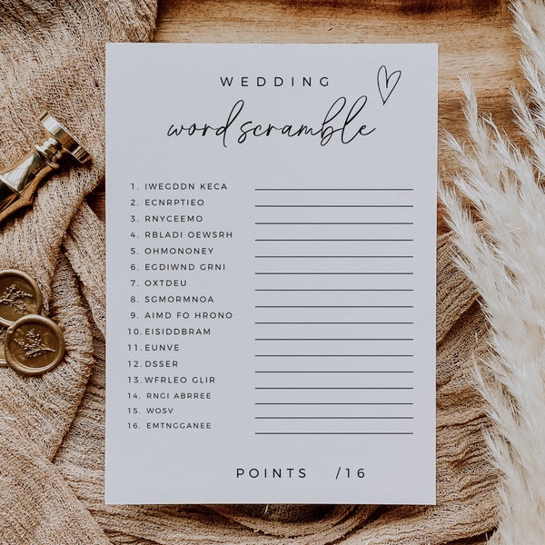 Minimalist Bridal Shower Word Scramble, Wedding Table Games, Fun Unique Game Template, Instant Download, Editable In Canva, Printable Game