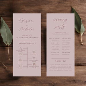 May include: A wedding invitation with a pink background and a schedule of events for the wedding day. The wedding is for Clarissa and Nicholas on June 21, 2028 in La Jolla Beach, California.