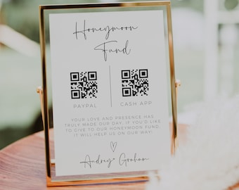 Huwelijksreis Fonds teken sjabloon, Boho Wedding QR Code teken, afdrukbare aangepaste huwelijksreis teken, moderne minimalistische huwelijksgeschenk tafel teken