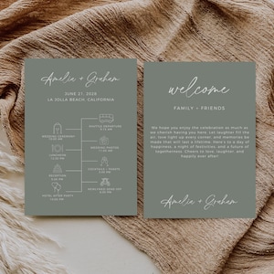 Saliegroen bruiloftsroute, boho welkomsttasje, bewerkbare sjabloon, minimalistische bruiloft tijdlijn, direct downloaden, bewerken in canva