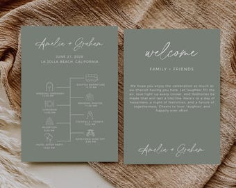 May include: A wedding invitation with a sage green background. The top of the card says "Amelia + Graham" in white script font. The bottom of the card says "Amelia + Graham" in white script font. The card also includes a timeline of wedding events with icons.