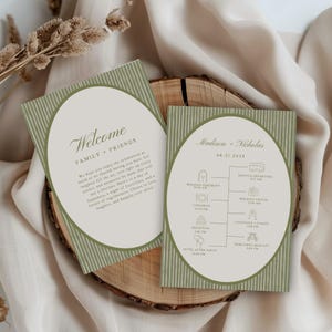May include: Wedding invitation with a green and white striped design. The invitation includes the text "Welcome Family + Friends" and a wedding day timeline. The names "Madison + Nicholas" and the date "06.21.2028" are also displayed.