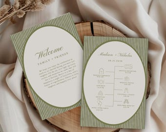 Vintage Green Wedding Itinerary, Striped Welcome Bag Note, Editable Canva Template, Printable Elegant Wedding Timeline Card With Icons