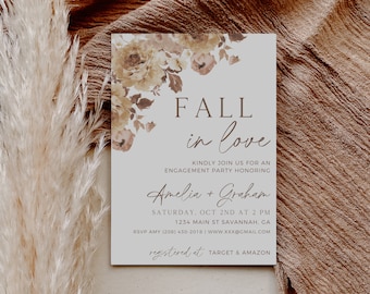 Engagement Party Invitation Template, Fall In Love Invitation, Autumn Engagement, Wedding Stationary, Editable In Canva, Digital Download