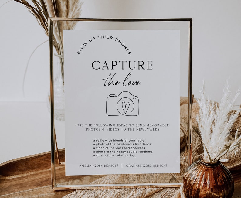 Minimalist Capture The Love Sign, Blow Up Their Phones, Boho Wedding Sign, Wedding Photo Sign, Digital Download, Editable Template image 3