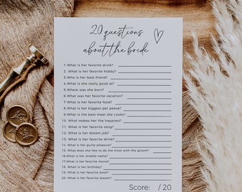 20 Questions About The Bride, Bridal Shower Game Template, Editable In Canva, Modern Minimalist, Who Knows The Bride Best, Twenty Questions