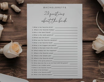 Minimalistisch 20 Fragen über Die Braut, Bachelorette Spiel, bearbeitbare Vorlage, Boho Bachelorette Party, Wer kennt die Braut am besten