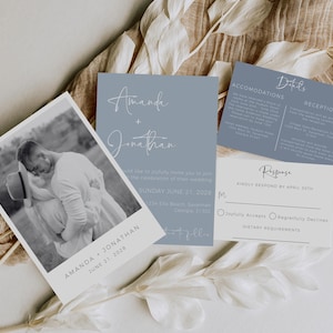 Dusty Blue Wedding Invitations, Wedding Invitation Suite Template, Wedding Invitation Template With Photo, Boho Wedding Invitation Set