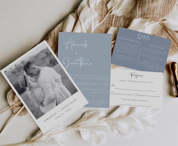 Dusty Blue Wedding Invitations, Wedding Invitation Suite Template, Wedding Invitation Template With Photo, Boho Wedding Invitation Set