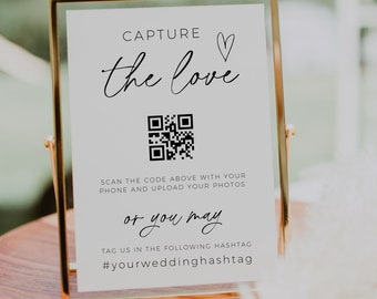 Elegant Wedding Hashtag Sign, QR Code Sign, Social Media Sign, Modern Minimalist Capture The Love Sign Template, Boho Wedding Sign