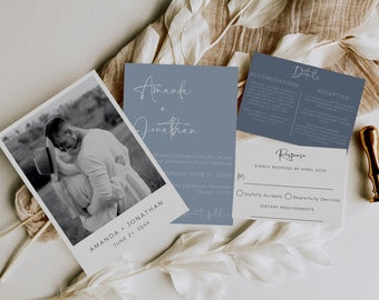 Dusty Blue Wedding Invitations, Wedding Invitation Suite Template, Wedding Invitation Template With Photo, Boho Wedding Invitation Set