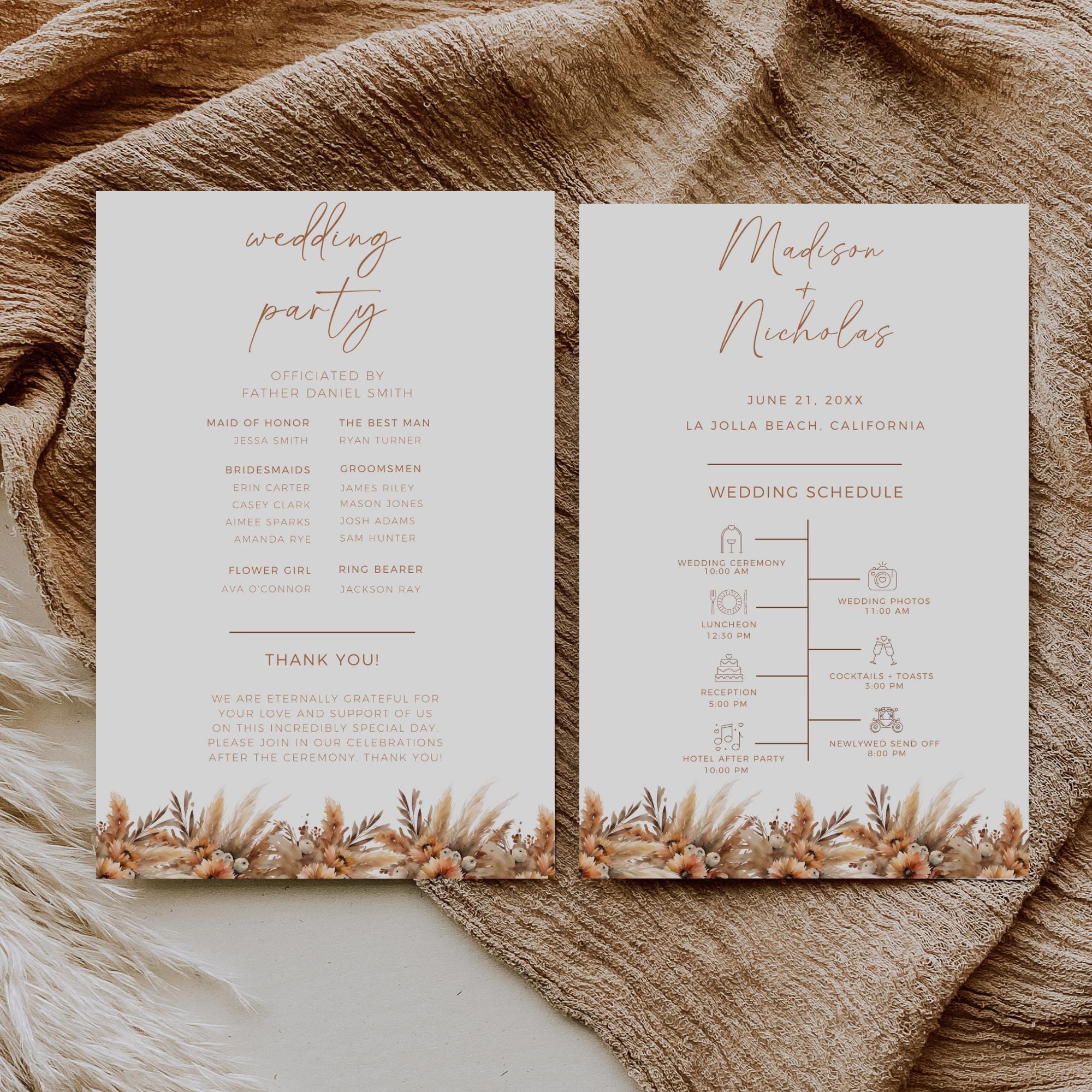 Fall Progrm Template Fall Floral Wedding Program Template, Wedding Itinerary and Order of ...