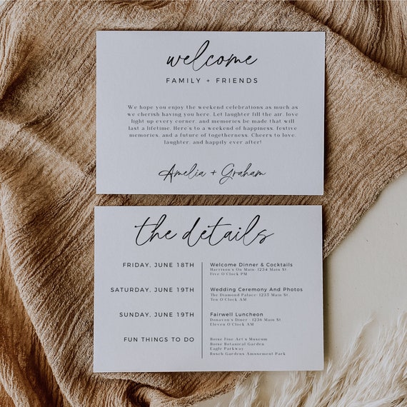 Minimalist Wedding Welcome Bag Note, Fully Editable Template, Welcome Bag Insert, Wedding Details Card, Instant Download, Edit In Canva