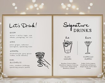 Editable Hand Drawn Signature Drink Sign Bundle, Handwritten Wedding Cocktail Bar Menu Template, His and Hers, Whimsical Signature Cocktails