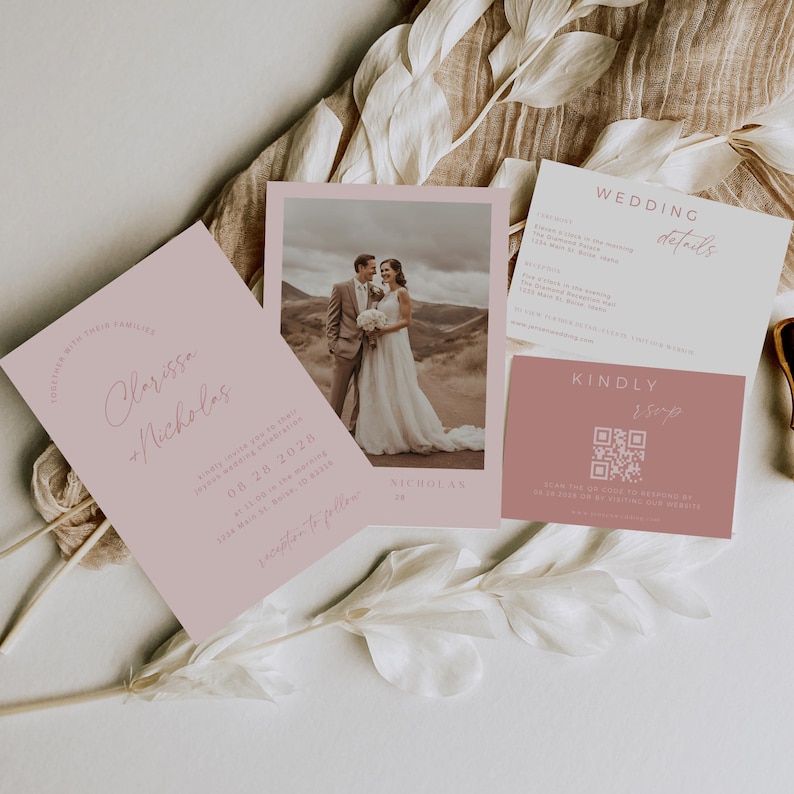 May include: Pink wedding invitation suite with a photo of the couple in a desert landscape. The invitation includes the couple's names, wedding date, and time. The RSVP card has a QR code for guests to respond.