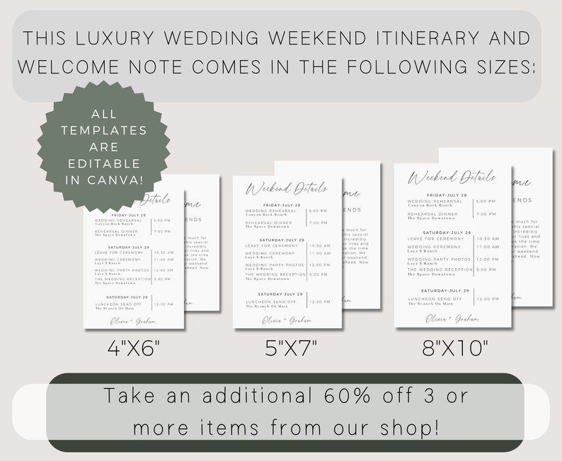 Wedding Weekend Itinerary, Wedding Timeline, Modern Minimalist, Wedding Welcome Bag Note, Wedding Weekend Schedule, Editable Template image 5