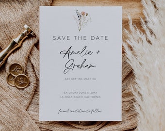 Wildflower Save The Date Template, Boho Save The Date, Botanical Wedding Announcement, Floral Wedding Save Our Date, Modern Minimalist