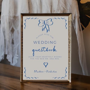 Hand Drawn Blue Wedding Guest Book Sign, Fully Editable DIY Canva Template, Whimsical Reception Signage, Printable Retro Wavy Stationery