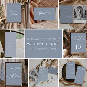 Dusty Blue Wedding Bundle Templates, Printable Wedding Stationary, Dusty Blue Wedding Invitation Set, Editable In Canva, Instant Download