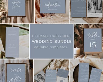 Dusty Blue Wedding Bundle Templates, Printable Wedding Stationary, Dusty Blue Wedding Invitation Set, Editable In Canva, Instant Download