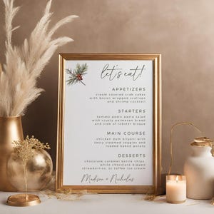 Znak menu weselnego na Boże Narodzenie, znak menu kolacji świątecznej na wesele, w pełni edytowalny szablon Canva DIY, drukowany znak Let's Eat, natychmiastowe pobranie