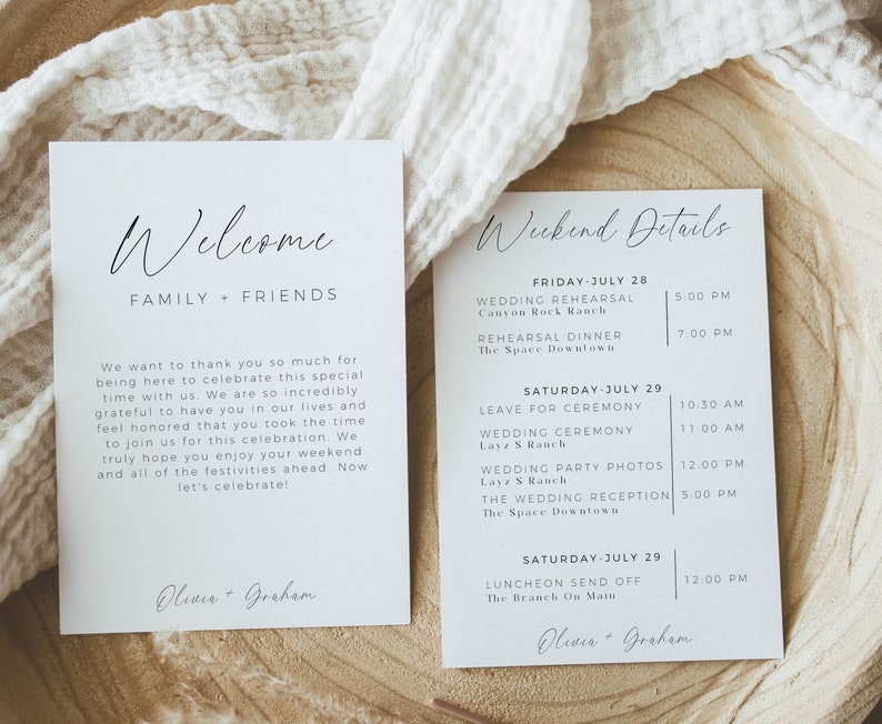 Wedding Weekend Itinerary, Wedding Timeline, Modern Minimalist, Wedding Welcome Bag Note, Wedding Weekend Schedule, Editable Template image 1