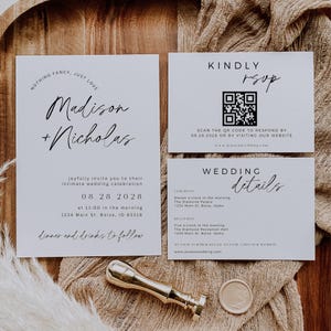 May include: Wedding invitation suite with a white background and black text. The invitation features the couple's names, "Madison + Nicholas", the date "08.28.2028", and the time "11:00 in the morning". The RSVP card includes a QR code and the website address "www.jensenwedding.com". The details card lists the ceremony and reception times and locations.