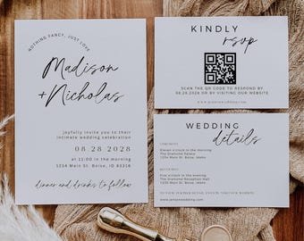 Può includere: Suite di inviti di nozze con sfondo bianco e testo nero. L'invito presenta i nomi della coppia, "Madison + Nicholas", la data "08.28.2028" e l'ora "11:00 del mattino". La carta RSVP include un codice QR e l'indirizzo del sito web "www.jensenwedding.com". La carta dei dettagli elenca gli orari e le posizioni della cerimonia e del ricevimento.
