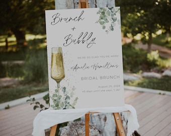 Brunch And Bubbly Bridal Shower Welcome Sign, Bridal Brunch Sign, Bridal Shower Welcome Sign Template, Printable Greenery Champagne Sign