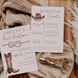 Last Hacke Down Bachelorette Einladungsvorlage, Cowgirl Junggesellinnenabschied Wochenende einladen, Boho Rosa letzte Hacke Westerneinladung