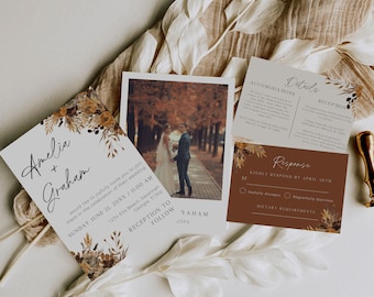 Fall Wedding Invitation Template, Printable Terracotta Wedding Invite, Digital Download, Boho Autumn Wedding Invitation, Editable In Canva