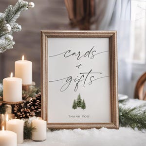 Modelo de placa de cartões e presentes de pinheiro de inverno, sinalização de mesa de presentes de casamento com tema de floresta, decoração de recepção boho, totalmente editável no Canva