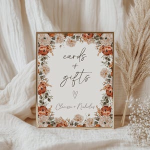 Herbstblumenkarten und Geschenke Zeichen, rustikaler Herbst Hochzeit Geschenktisch, bearbeitbare Canva Vorlage, druckbare Hochzeit Dusche Karten & Geschenke Signage