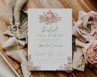 Tea Party Bridal Shower Invitation Template, Editable In Canva, Boho Bridal Shower Invitation, Instant Download, Pink Tea Party Invitation
