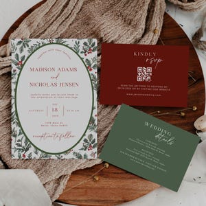 May include: A set of wedding invitation cards. The main invitation features an oval frame with floral and berry accents, with the names "Madison Adams and Nicholas Jensen." A burgundy RSVP card and a green details card are also included.