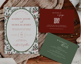 Puede incluir: Un conjunto de tarjetas de invitación de boda. La invitación principal presenta un marco ovalado con detalles florales y de bayas, con los nombres "Madison Adams y Nicholas Jensen". También se incluye una tarjeta RSVP burdeos y una tarjeta de detalles verde.