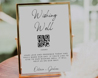 Honeymoon Fund Sign, Wishing Well Sign, Modern Minimalist, Editable Template, Boho Wedding Sign, QR Code Sign, Printable Wedding Venmo Sign