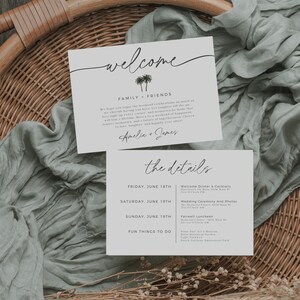 Lettera di benvenuto per matrimonio modificabile, modello Canva, inserto per borsa di benvenuto per isola tropicale, scheda stampabile con i dettagli del matrimonio estivo
