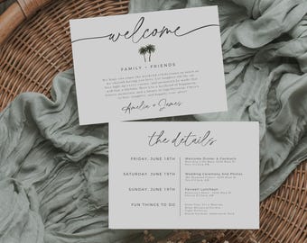 May include: Two light grey wedding invitation cards with black text. The top card says "welcome" in cursive and "FAMILY + FRIENDS" below. The bottom card says "the details" and lists event information. The cards are on a woven basket.