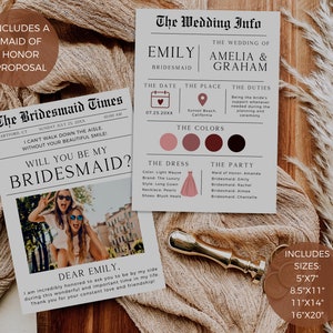 Newspaper Bridesmaid Proposal, Bridesmaid Info Card, Printable Maid Of Honor Proposal, Will You Be My Bridesmaid, Editable Template